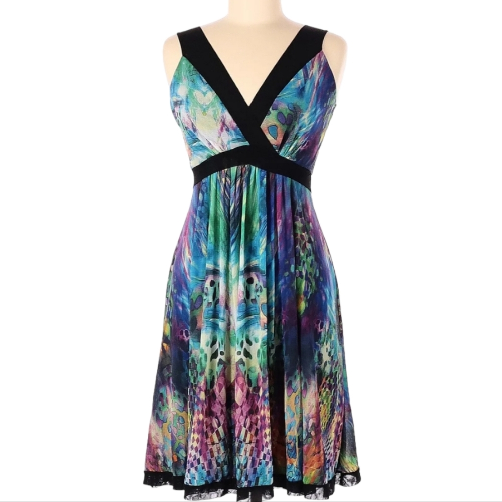 ELANA KATTAN S BLACK SLIMMING ABSTRACT FLORAL FIT & FLAIR MIDI DRESS